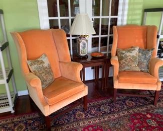 #47 Pair of high back apricot orange velour wing back chairs by Hickory, 45"H to the highest  x 18.5"seat height  $220