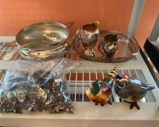 #41Silver Plate, ceramic pheasants (Japan), glassware, etc.