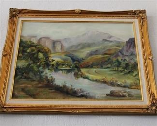 8. $300.00. M. Scofield signed painting River country side scene 23” X 29”