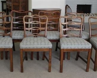 11. 300.00. Dining chairs. Chippendale style. Lot of 8 Brand: Bullocks Los Angeles. 6 side chairs and 2 host. 35” X 24” X 23”