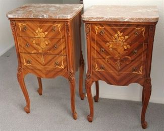 20. $500.00. French style Biedermeier period side commodes with marble top and satinwood inlayed floral bouquet. 29” X 16” X 12”