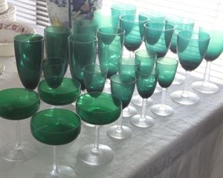 33. $$70.00. Lot of 24 green w/clear stems stemware