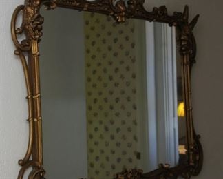 43. $700.00. Gesso carved and gilt mirror with birds 37” X 43” Lovely condition.