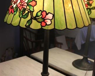 56. $800.00. Vintage slag glass lamp with metal base. Wiring appears updated. 27” height 20 “ diameter to shade. Beautiful!!