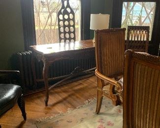 ACCENT CHAIRS, AREA RUG, DINING ROOM SET, FRENCH CARVED FLIP TOP TABLE, TABLE LAMPS
