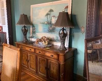 DINING ROOM BUFFET, TABLE LAMPS, WALL ART, MIRRORS