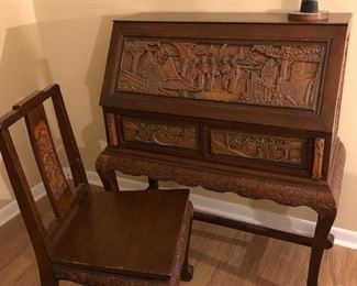 Carved Asian desk and chair