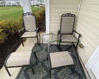 Outdoor reclining chairs, ottoman and table