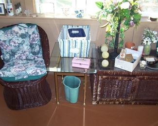 ONE OF A PAIR OF RATTAN CHAIRS, RATTAN CABINET, ONE OF A PAIR OF BRASS & GLASS LAMP TABLES & SMALLS