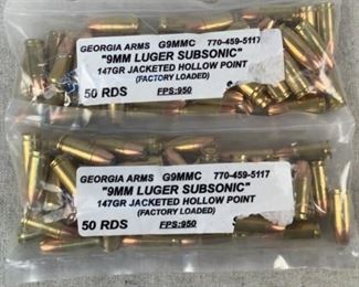 Mfg - (2 times the bid)
Model - Georgia Arms 9mm Luger am
Located in Chattanooga, TN
This lot contains two 50 round bags of 9mm Luger subsonic ammunition. 147 grain jacketed hollow point.