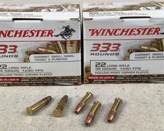 Mfg - (2 times the bid)
Model - Winchester 22LR ammo
Located in Chattanooga, TN
Condition - 1 - New
This lot contains two 333 round boxes of Winchester 22 Long Rifle ammunition. 36 grain hollow point copper plated bullets.
    