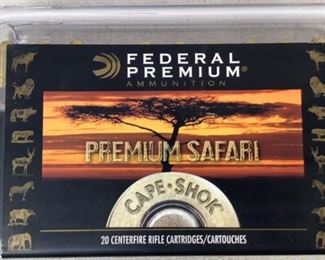 Mfg - (20)Federal Safari 286gr
Model - 9.3x62 Mauser
Caliber - Ammunition
Located in Chattanooga, TN
Condition - 1 - New
This is a 20 count box of Federal Premium Safari 286 grain 9.3 x 62 Mauser ammunition, used primarily for safari hunting.
