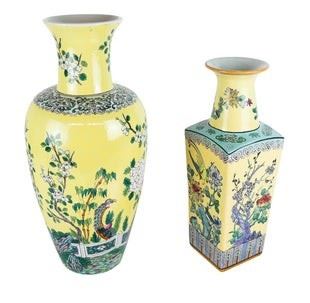 0026 Two Chinese Yellow Glazed Polychrome Vases