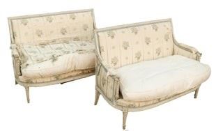 0308 Pair Louis XVIStyle Painted  Gilt Settees