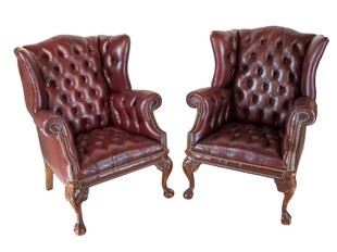 0630 Pair Chippendale ChesterfieldStyle Wing Chairs