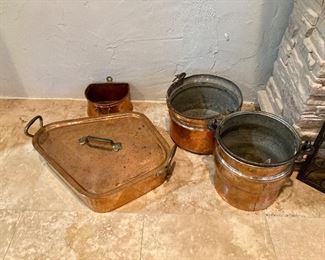 Heavy copper pots, and William Sonoma turbotiere