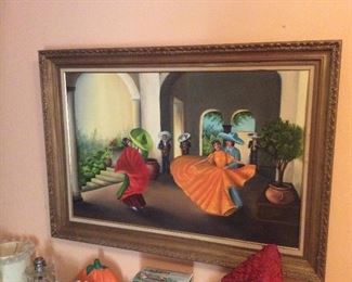 large 70s vintage oil on canvas painting by the home owner.   Very colorful.   