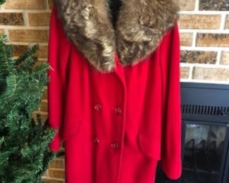 VIntage Red Wool Coat with Fur Trim, Marian Oreck Southdale 