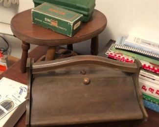 vintage sewing box, singer button holer and accessories