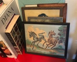 vintage books and framed art