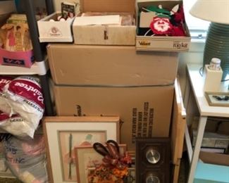 New in box kitchen prep cart, framed art, craft items