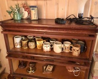 Owl mug collection, legal bookcase