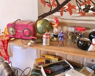 Vintage pink stereo, Superman glass, bowling items, marble collection, pennants, Tonka, Fresh up Freddie, more