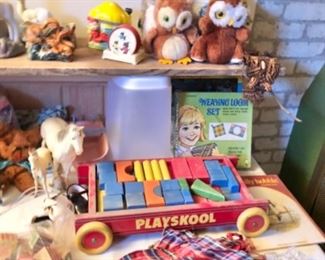 Vintage toys, Plyaskool block cart, owl plush, Holly Hobby, more