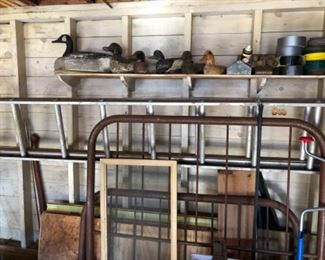 full size bed frame, antique duck decoys
