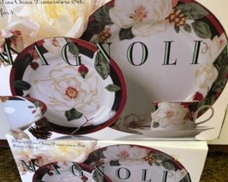 Magnolia dish set, 8 settings total, 4 per box plus extras not shown