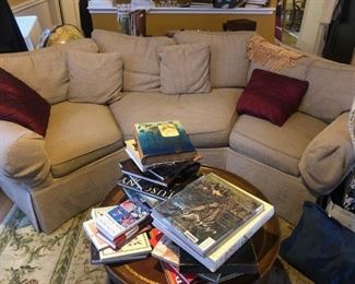 Calico Corners couch, accent table, books 