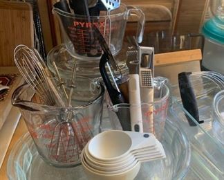 Pyrex measuring cups, baking dishing, cooking tools 