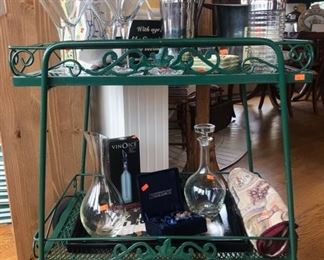 bar cart, cocktail glasses, bar ware 