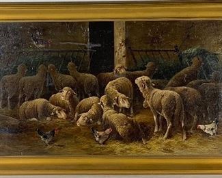 Rob Niel Antique Painting Sheep & Roosters