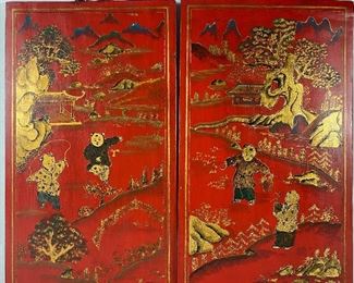 (2) Vintage Red Lacquer Hand Painted Panels