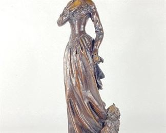 23" Bronze Statue Woman & Dog