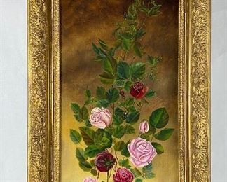 Antique Oil On Canvas Painting Still Life Roses