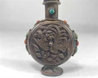 Chinese Silver, Turquoise, & Coral Snuff Bottle 3"