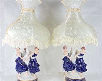 Large Pair of Royal Dux Figural Cobalt Lamps