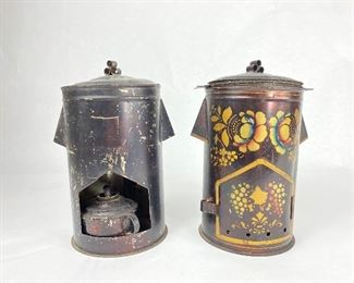 (2) Antique Folk Art Tin Pap / Food Warmers