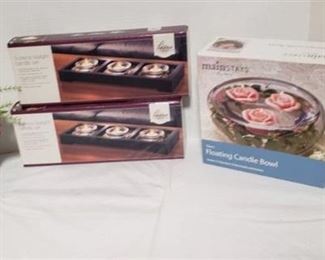 2 Home Elements Tea light Candle Sets, Mainstays Floating Candle Bowl, Green Glass Vase and Faux Flowers on Metal Pot