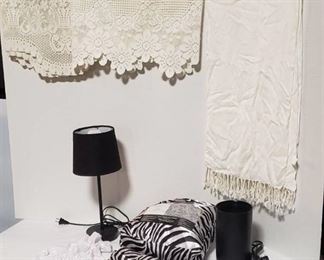 Zebra Print QUEEN Satin Sheet Set, 2 Black Lamps (both work), Scarf, 2 Lacy Valence Curtains, Lace Lingerie Bag and Stainless Steel Heart Bracelet