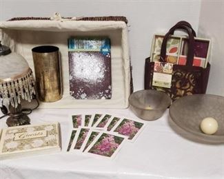 Brown Accent Decor ~ Basket, Lamp (works), Glass Bowl Candle Holders, Heartfelt Note Card Collection, Botanica Cards and Guest Book