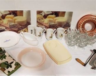 Kitchen Items ~ Pie Pans, Holly Hobbie Mugs, 2 Glass Cheese Cutting Boards, Clear Glass Sorbet Cups, Thermo Temp Trays, Gravy Boat, Keystone Grinder, Copper Mold, and Oven Mitt