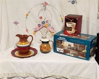 Kitchen Decor ~ Embroidered Rectangular Tablecloth, Metal Modular Buffet Caddy, Williams Sonoma Porcelain Fondue Pot, World Market Pitcher & Tray Set and Pitcher