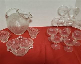 Clear Etched Glassware ~ Pitcher, Sugar & Creamer, Divided Dish and 2 Set of 5 Sorbet Dishes