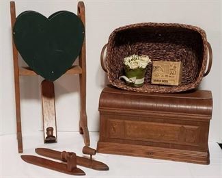Vintage Wood Sewing Machine Cover (20 x 10 x 11 in. tall), Leather Handle Basket, Rise Arrangement, Wooden Green Heart Magazine Rack and 3 Wood Candle Wall Sconces