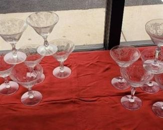 2 Sets of English Fostoria Etched Sherry or Sorbet Crystal Stemmed Glasses