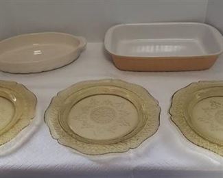 3 Amber Depression Glass Platters and 2 Ceramic Baking Dishes