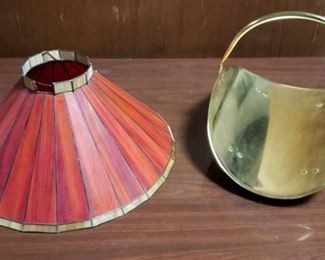 Red/Gold Stained Glass Lamp Shade (2 small glass pieces broke on top) and Brass Firewood Holder